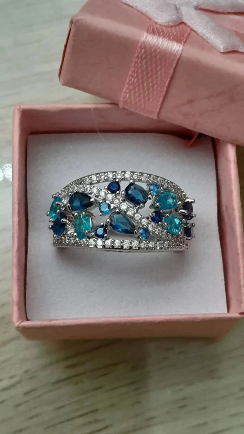 Anillo incrustado de brillantes azules y azul marino, talla 60 – photo 2